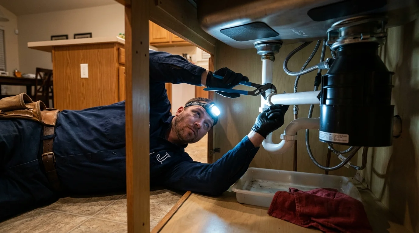 P-trap and supply line connections under a kitchen sink showing a common leak point in Watertown, TN